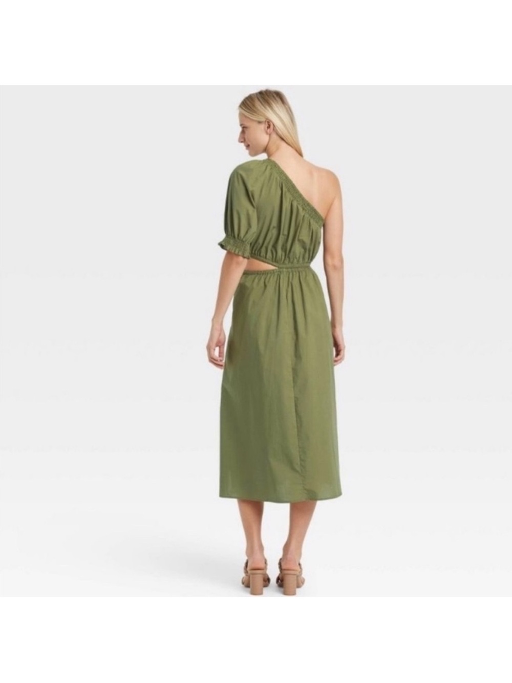 Who What Wear One-Shoulder Olive Green Midi Dress